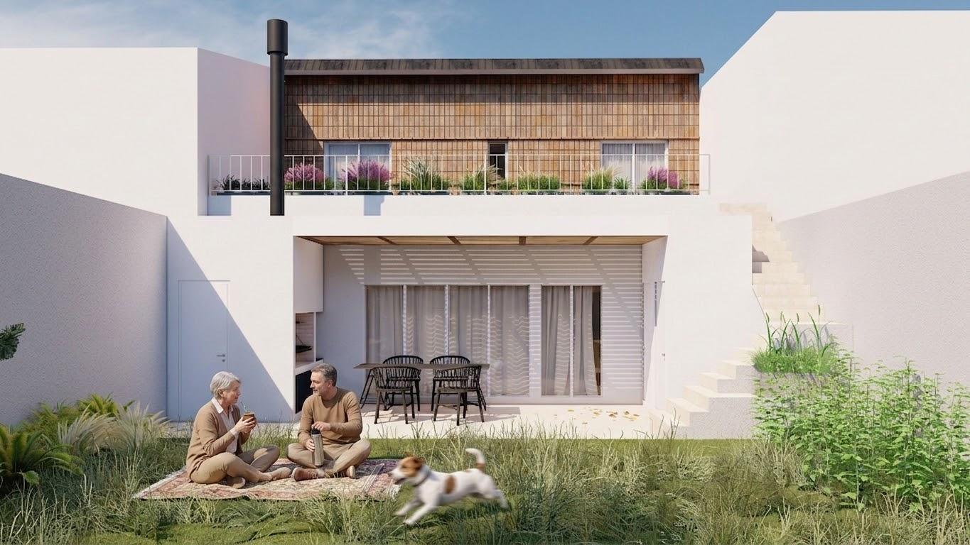 Cramer 908: contrafrente con jardín, galería con parrilla y planta alta revestida en madera