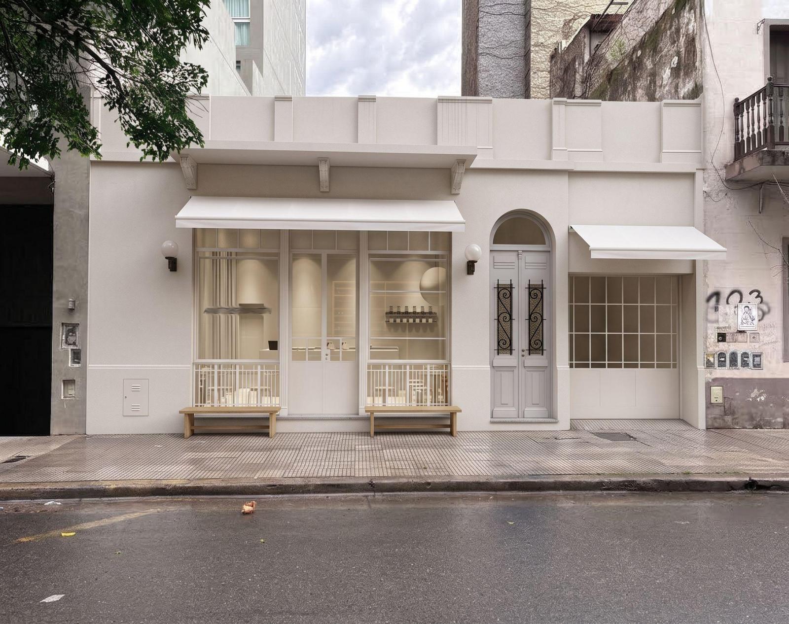 Dorrego 2082: fachada de la cafetería en Palermo, con toldos blancos, vidrieras y puerta de hierro original